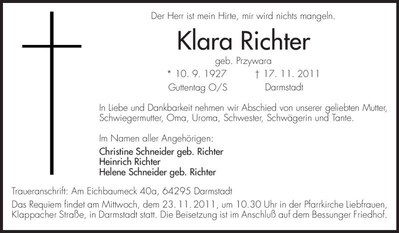  Traueranzeige für Klara Richter vom 19.11.2011 aus Darmstädter Echo, Odenwälder Echo, Rüsselsheimer Echo, Groß-Gerauer-Echo, Ried Echo