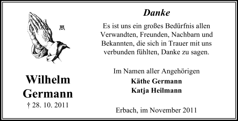  Traueranzeige für Wilhelm Germann vom 26.11.2011 aus Odenwälder Echo