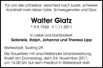 Traueranzeige von Walter Glatz von Echo-Zeitungen (Gesamtausgabe)