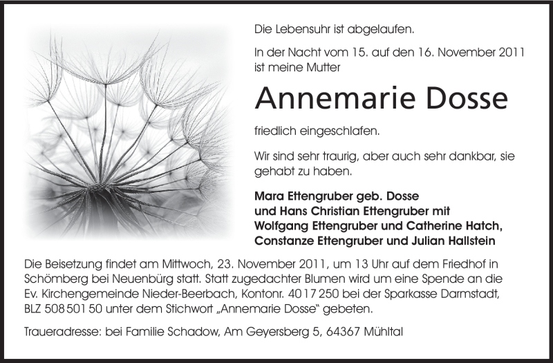  Traueranzeige für Annemarie Dosse vom 21.11.2011 aus Echo-Zeitungen (Gesamtausgabe)
