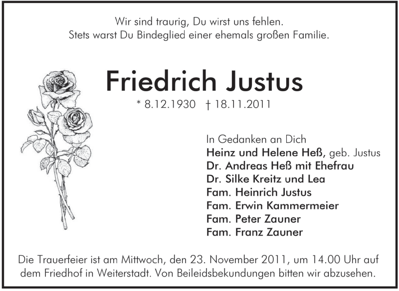  Traueranzeige für Friedrich Justus vom 21.11.2011 aus Echo-Zeitungen (Gesamtausgabe)