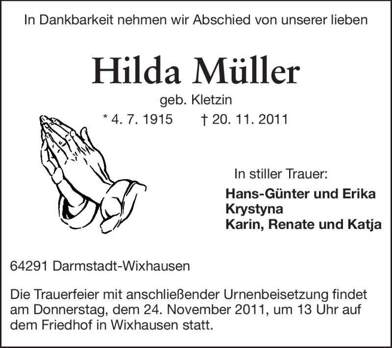  Traueranzeige für Hilda Müller vom 22.11.2011 aus Echo-Zeitungen (Gesamtausgabe)