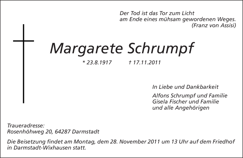  Traueranzeige für Margarete Schrumpf vom 23.11.2011 aus Echo-Zeitungen (Gesamtausgabe)