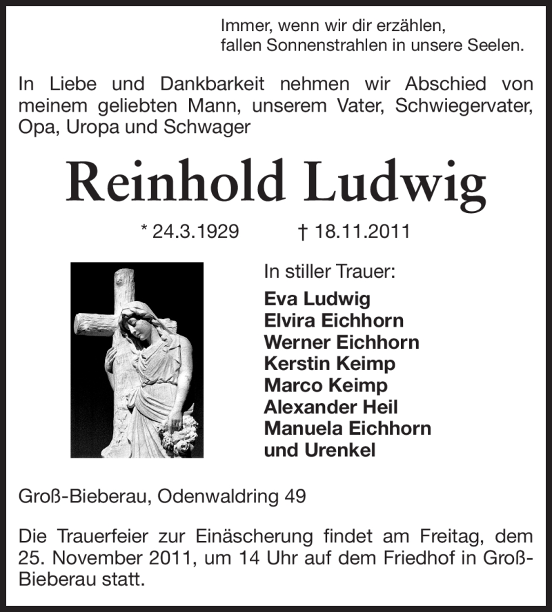  Traueranzeige für Reinhold Ludwig vom 22.11.2011 aus Darmstädter Echo, Odenwälder Echo, Rüsselsheimer Echo, Groß-Gerauer-Echo, Ried Echo