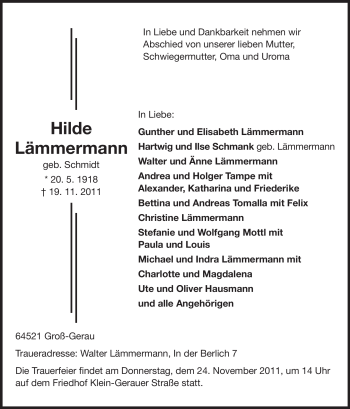Traueranzeige von Hilde Lämmermann von Rüsselsheimer Echo, Groß-Gerauer-Echo, Ried Echo