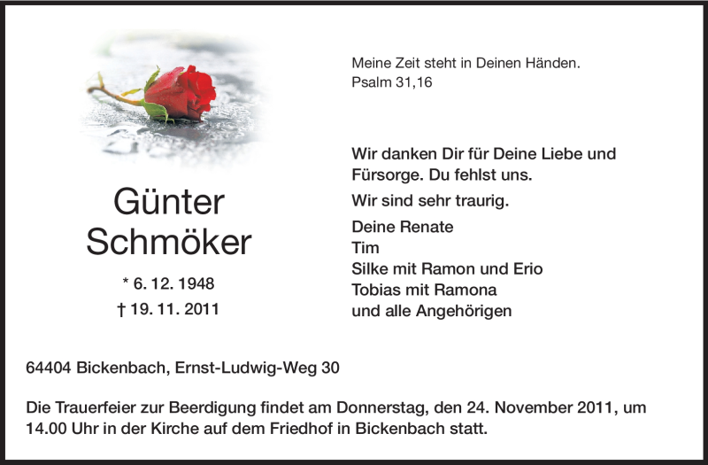  Traueranzeige für Günter Schmöker vom 22.11.2011 aus Echo-Zeitungen (Gesamtausgabe)