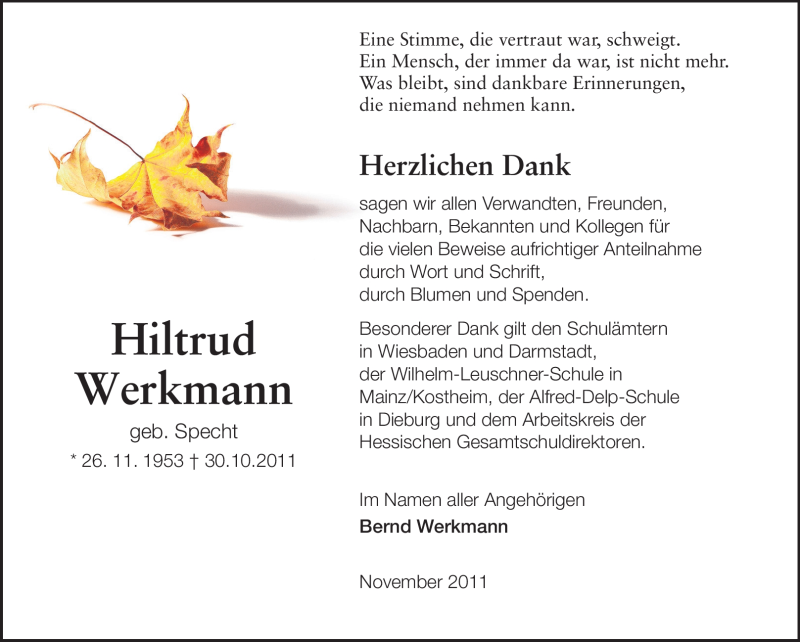  Traueranzeige für Hiltrud Werkmann vom 25.11.2011 aus Darmstädter Echo, Odenwälder Echo, Rüsselsheimer Echo, Groß-Gerauer-Echo, Ried Echo