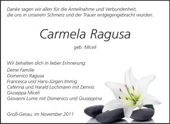 Traueranzeige von Carmela Ragusa von Rüsselsheimer Echo, Groß-Gerauer-Echo, Ried Echo