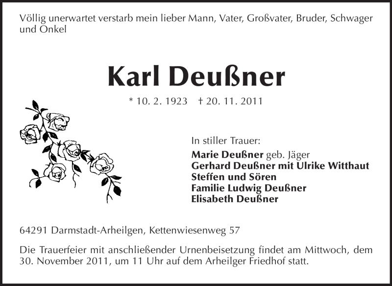  Traueranzeige für Karl Deußner vom 23.11.2011 aus Darmstädter Echo, Odenwälder Echo, Rüsselsheimer Echo, Groß-Gerauer-Echo, Ried Echo