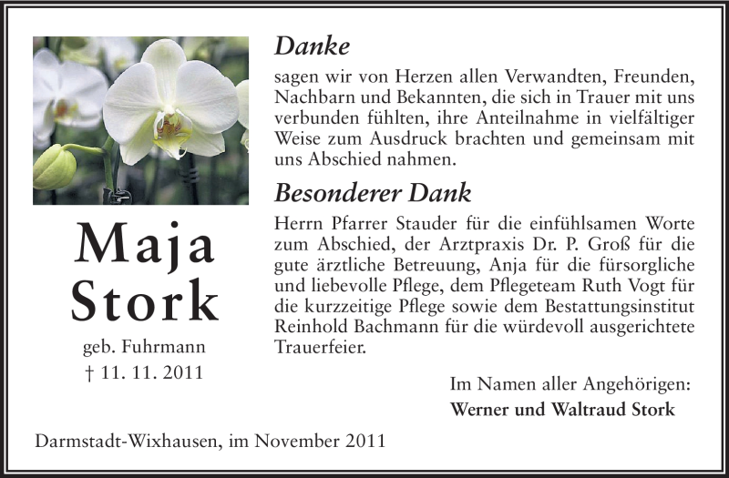  Traueranzeige für Maja Stork vom 26.11.2011 aus Echo-Zeitungen (Gesamtausgabe)