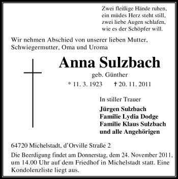 Traueranzeige von Anna Sulzbach von Odenwälder Echo