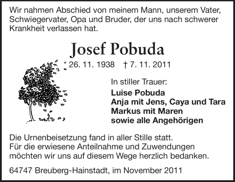  Traueranzeige für Josef Pobuda vom 26.11.2011 aus Odenwälder Echo