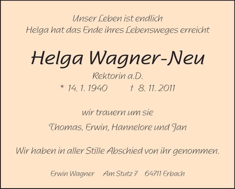  Traueranzeige für Helga Wagner-Neu vom 24.11.2011 aus Odenwälder Echo