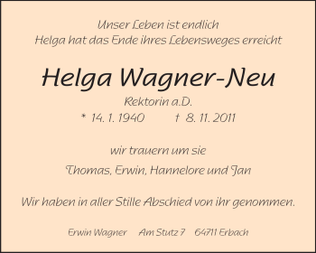 Traueranzeige von Helga Wagner-Neu von Odenwälder Echo