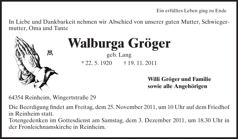  Traueranzeige für Walburga Gröger vom 23.11.2011 aus Darmstädter Echo, Odenwälder Echo, Rüsselsheimer Echo, Groß-Gerauer-Echo, Ried Echo