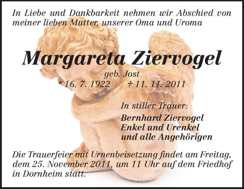  Traueranzeige für Margareta Ziervogel  vom 23.11.2011 aus Rüsselsheimer Echo, Groß-Gerauer-Echo, Ried Echo