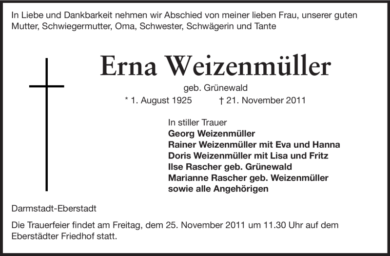  Traueranzeige für Erna Weizenmüller vom 23.11.2011 aus Echo-Zeitungen (Gesamtausgabe)