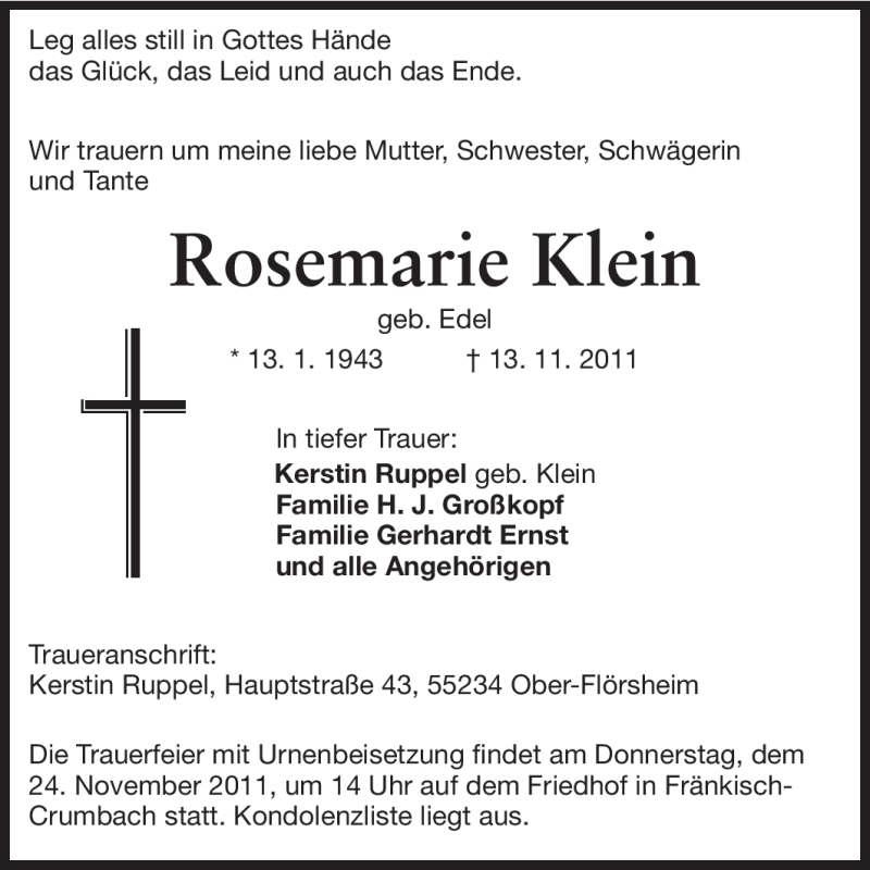 Traueranzeige für Rosemarie Klein vom 23.11.2011 aus Odenwälder Echo