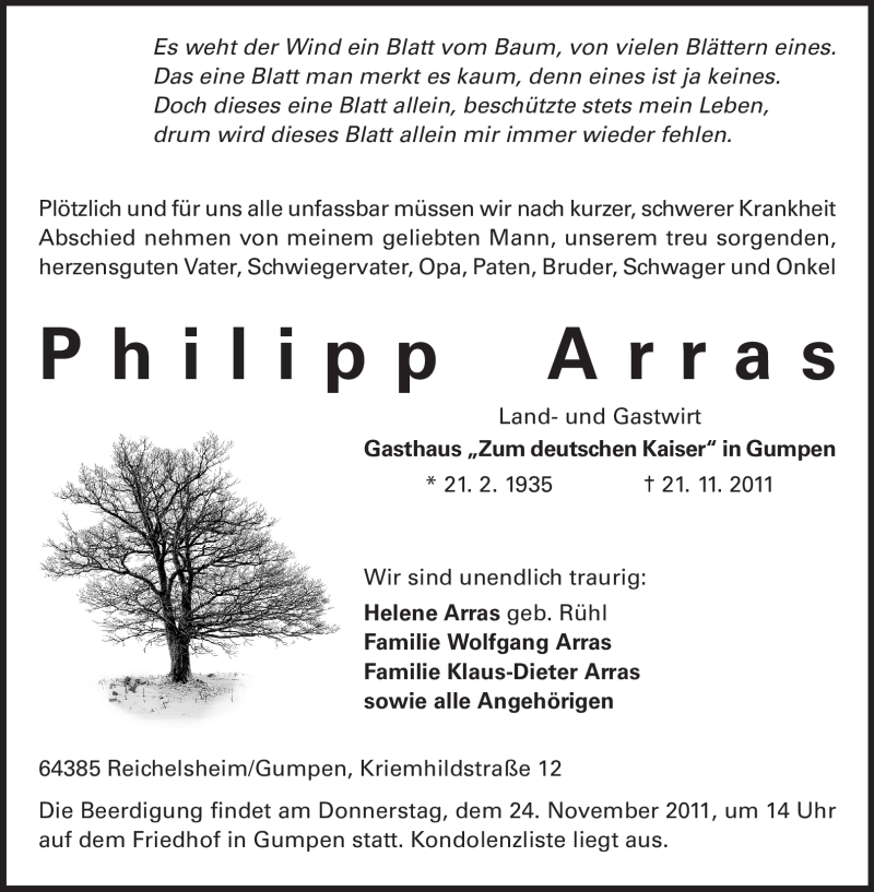  Traueranzeige für Philipp Arras vom 23.11.2011 aus Echo-Zeitungen (Gesamtausgabe)