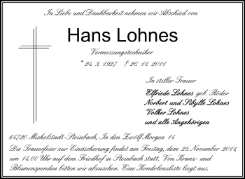 Traueranzeige von Hans Lohnes von Odenwälder Echo