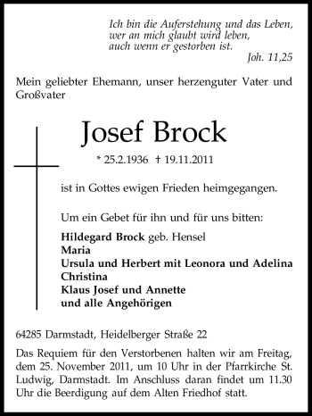 Traueranzeige von Josef Brock von Darmstädter Echo, Odenwälder Echo, Rüsselsheimer Echo, Groß-Gerauer-Echo, Ried Echo