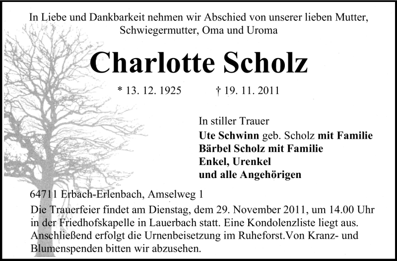  Traueranzeige für Charlotte Scholz vom 25.11.2011 aus Odenwälder Echo