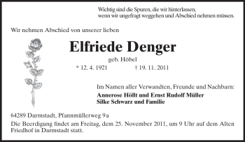 Traueranzeige von Elfriede Denger von Darmstädter Echo, Odenwälder Echo, Rüsselsheimer Echo, Groß-Gerauer-Echo, Ried Echo