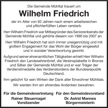 Traueranzeige von Wilhelm Friedrich von Echo-Zeitungen (Gesamtausgabe)