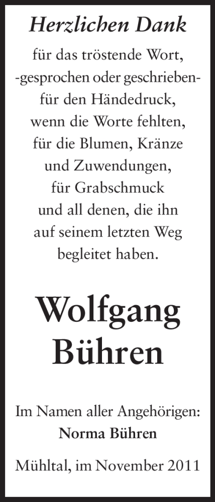  Traueranzeige für Wolfgang Bühren vom 26.11.2011 aus Echo-Zeitungen (Gesamtausgabe)