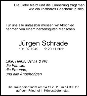 Traueranzeige von Jürgen Schrade von Rüsselsheimer Echo, Groß-Gerauer-Echo, Ried Echo
