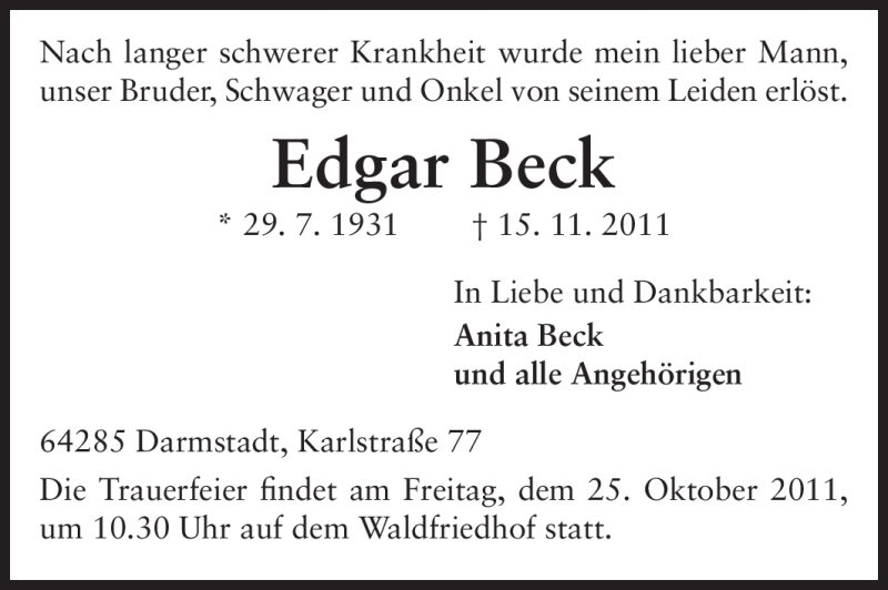  Traueranzeige für Edgar Beck vom 23.11.2011 aus Echo-Zeitungen (Gesamtausgabe)
