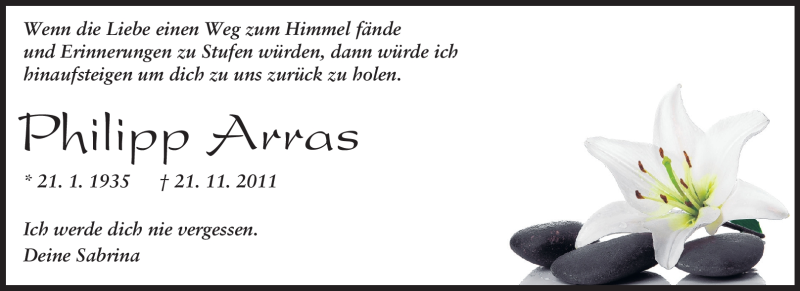  Traueranzeige für Philipp Arras vom 24.11.2011 aus Odenwälder Echo