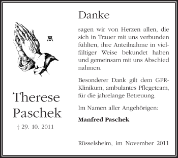 Traueranzeige von Therese Paschek von Rüsselsheimer Echo, Groß-Gerauer-Echo, Ried Echo