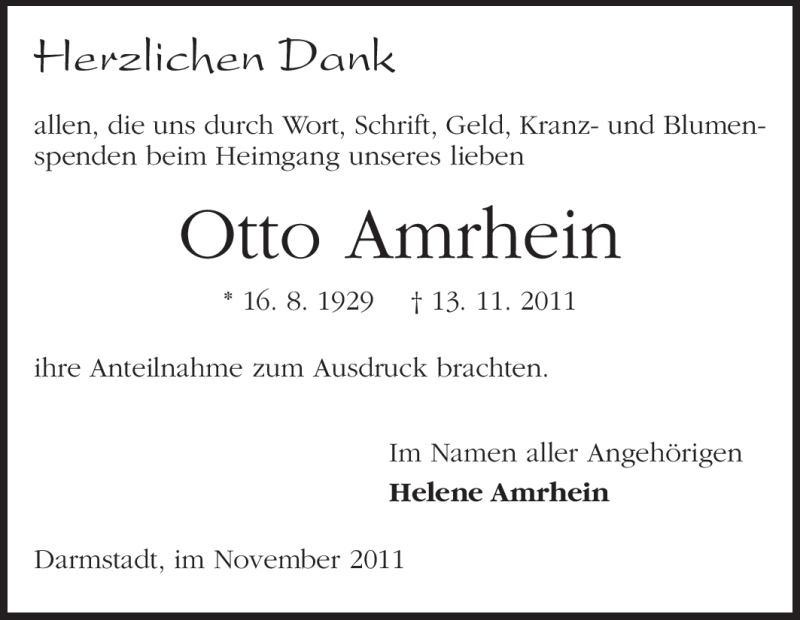  Traueranzeige für Otto Amrhein vom 26.11.2011 aus Darmstädter Echo, Odenwälder Echo, Rüsselsheimer Echo, Groß-Gerauer-Echo, Ried Echo
