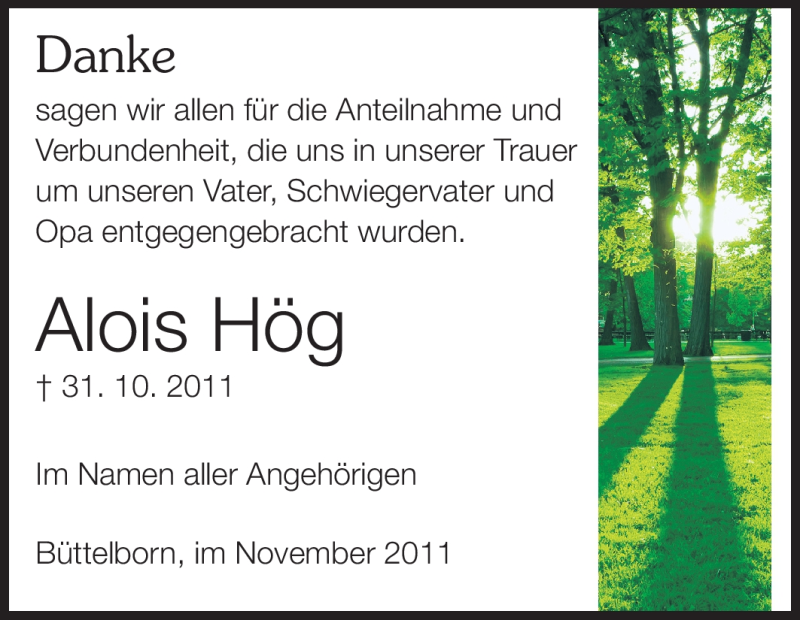  Traueranzeige für Hög Alois vom 26.11.2011 aus Rüsselsheimer Echo, Groß-Gerauer-Echo, Ried Echo