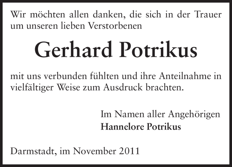  Traueranzeige für Gerhard Potrikus vom 26.11.2011 aus Echo-Zeitungen (Gesamtausgabe)