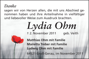 Traueranzeige von Lydia Ohm  von Echo-Zeitungen (Gesamtausgabe)