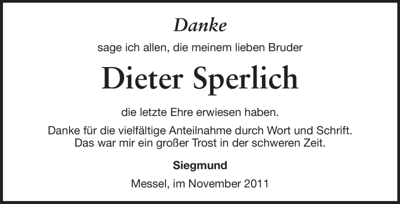  Traueranzeige für Dieter Sperlich vom 26.11.2011 aus Echo-Zeitungen (Gesamtausgabe)