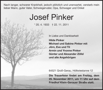 Traueranzeige von Josef Pinker von Rüsselsheimer Echo, Groß-Gerauer-Echo, Ried Echo