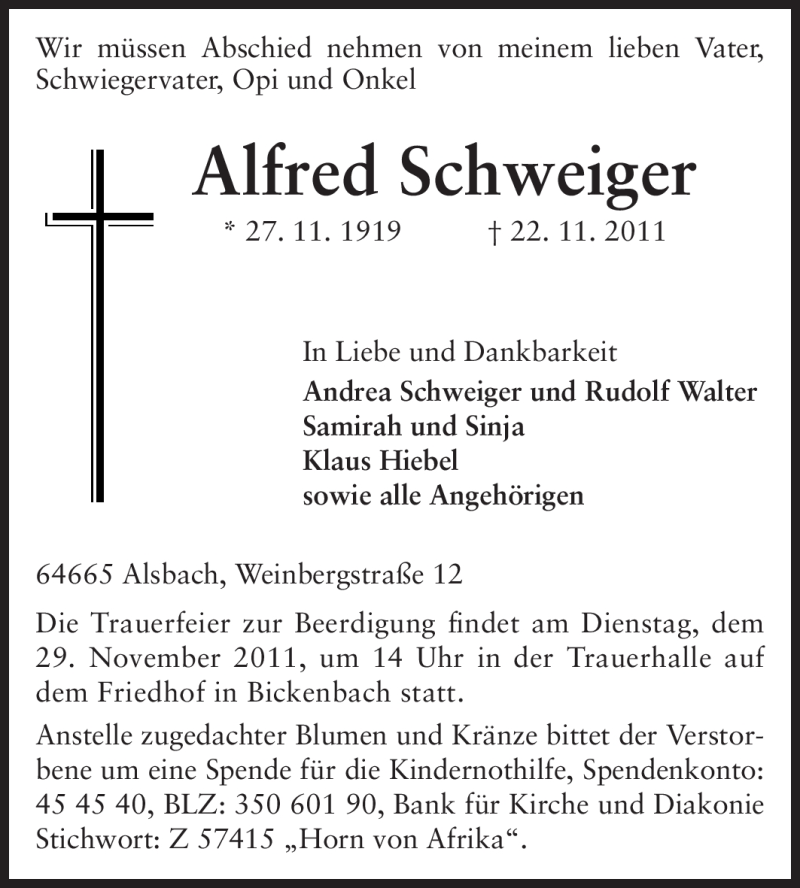  Traueranzeige für Alfred Schweiger vom 26.11.2011 aus Echo-Zeitungen (Gesamtausgabe)