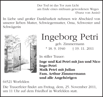 Traueranzeige von Ingeborg Petri von Darmstädter Echo, Odenwälder Echo, Rüsselsheimer Echo, Groß-Gerauer-Echo, Ried Echo