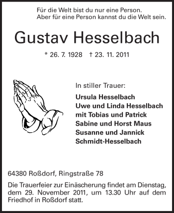 Traueranzeige von Gustav Hesselbach von Echo-Zeitungen (Gesamtausgabe)