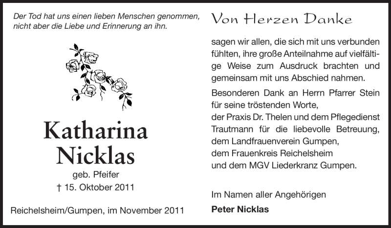  Traueranzeige für Katharina Nicklas vom 26.11.2011 aus Odenwälder Echo