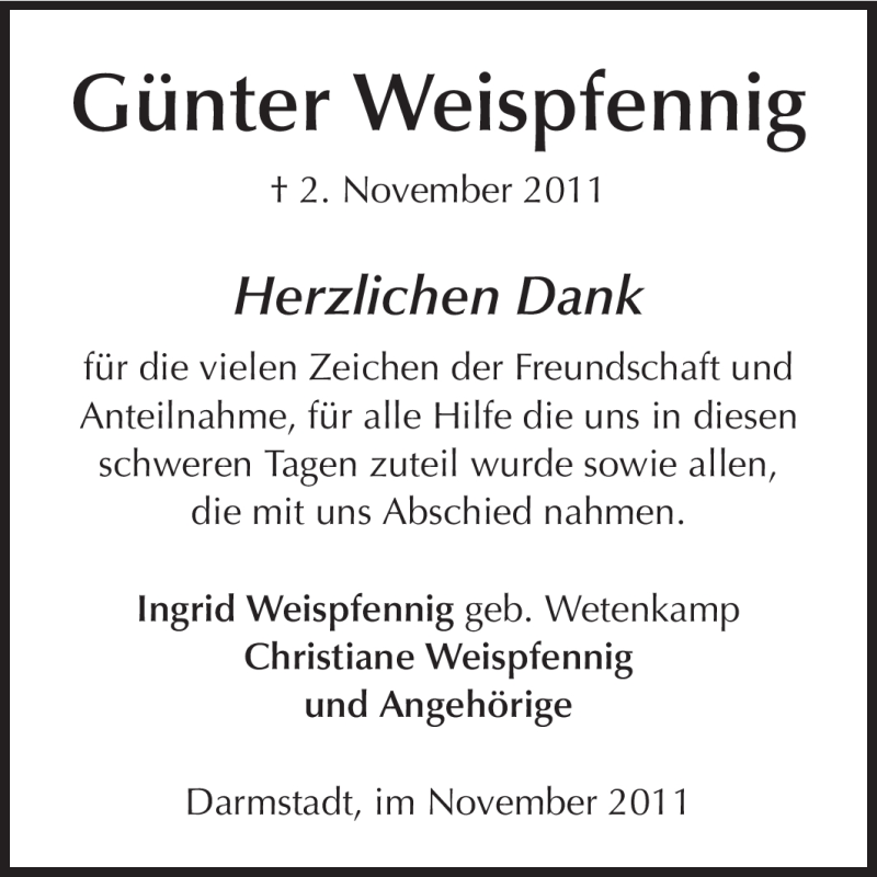  Traueranzeige für Günter Weispfennig vom 26.11.2011 aus Echo-Zeitungen (Gesamtausgabe)