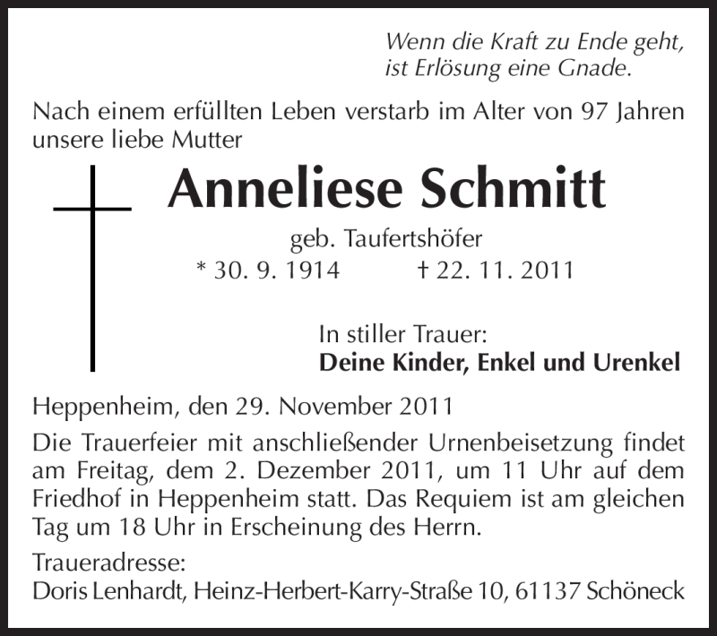  Traueranzeige für Anneliese Schmitt vom 29.11.2011 aus Starkenburger Echo