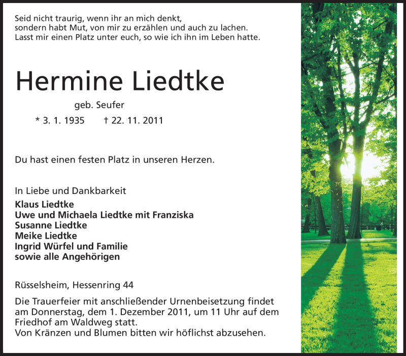  Traueranzeige für Hermine Liedtke vom 26.11.2011 aus Rüsselsheimer Echo, Groß-Gerauer-Echo, Ried Echo