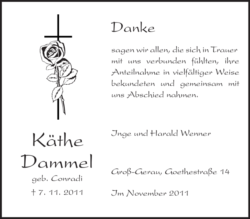  Traueranzeige für Käthe Dammel vom 26.11.2011 aus Rüsselsheimer Echo, Groß-Gerauer-Echo, Ried Echo