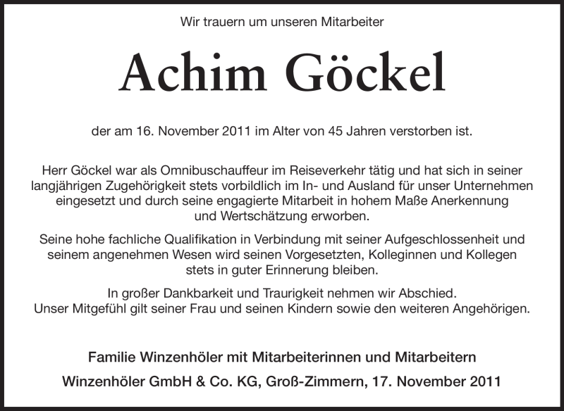  Traueranzeige für Achim Göckel vom 26.11.2011 aus Echo-Zeitungen (Gesamtausgabe)
