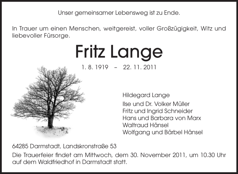  Traueranzeige für Fritz Lange vom 26.11.2011 aus Darmstädter Echo, Odenwälder Echo, Rüsselsheimer Echo, Groß-Gerauer-Echo, Ried Echo
