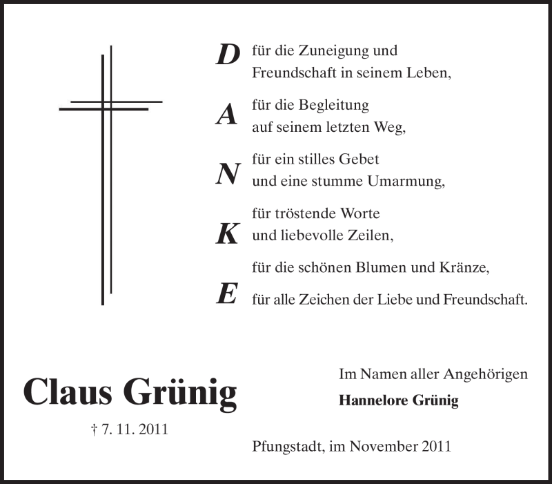  Traueranzeige für Claus Grünig vom 26.11.2011 aus Echo-Zeitungen (Gesamtausgabe)